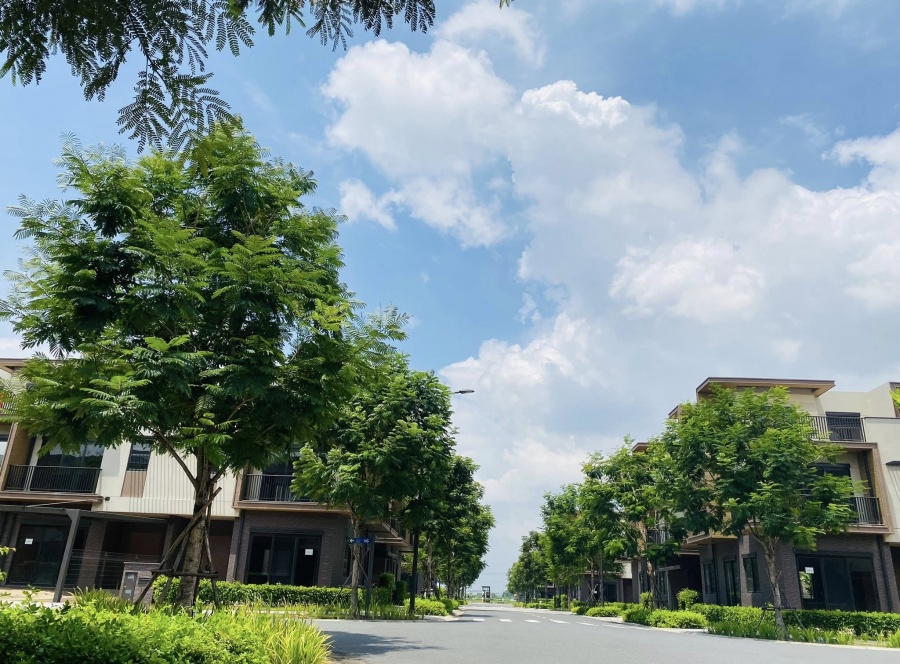 Dãy nhà phố Izumi với thiết kế hiện đại và cây xanh dọc lối đi